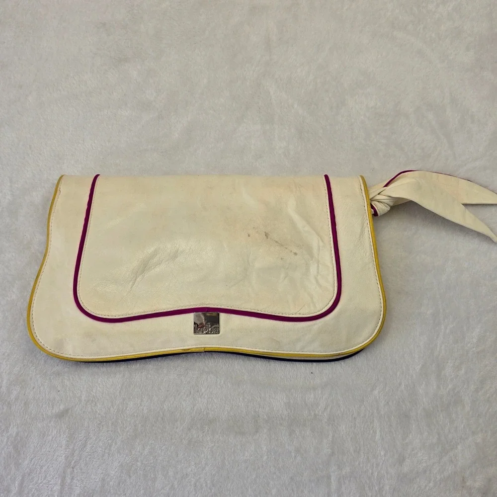 Kooba Leather Oversized Clutch Bag Cream with Multicolor Piping Wristlet Strap